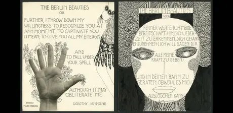 Dorothy Iannone, aus der Serie „The Berlin Beauties“, 1977-78, Schwarze Tusche, Spuren von Bleistift auf weißem Zeichenkarton