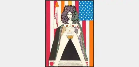 Dorothy Iannone, „The Statue of Liberty“, 1977, Plakat der Ausstellung "Sound Boxes, Texts, Video" in der Studiogalerie Berlin, Siebdruck auf Papier, aus dem Archiv des Berliner Künstlerprogramm des DAAD