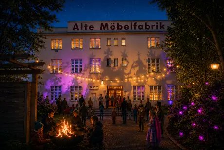 Familiennacht - beleuchtete Außenansicht der Alten Möbelfabrik