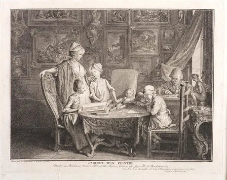 „Cabinet d´un peintre“ (Kabinett eines Malers), Radierung von Daniel Chodowiecki, 
Berlin, 1772 (von links nach rechts: Jeanne Barez, Jeanette, Susanne und Henriette Chodowiecka, Isaac Heinrich, Wilhelm und Daniel Chodowiecki)