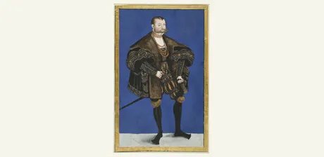 Lucas Cranach der Jüngere, Joachim von Anhalt (aus dem sogenannten Stammbuch), 1564, Buchmalerei über Zeichnung mit schwarzem Stift, mit Weiß und Gold (Muschelgold) gehöht, auf Pergament