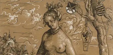 Lucas Cranach der Ältere, Venus und Cupido, Detail, 1509, Farbholzschnitt von zwei Druckplatten auf Papier (vergé)