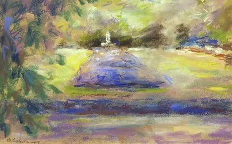 Max Liebermann, Blumenbeet im Wannseegarten mit Blick auf den Fischotterbrunnen, 1919, Pastell auf Velin, Privatbesitz