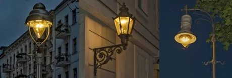 Historische Gaslaternen - v.l.n.r.: Aufsatzleuchte, Schinkelleuchte