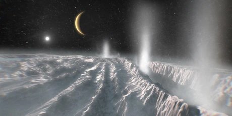 Künstlerische Darstellung von Cryovulkanismus auf Enceladus