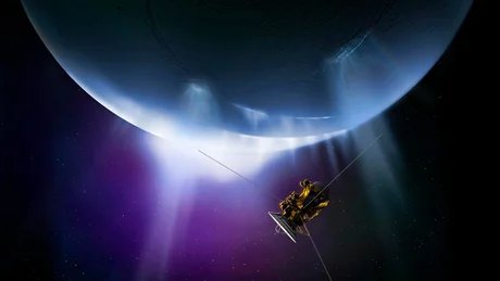 Künstlerische Darstellung der Raumsonde Cassini beim Flug durch die Eisfontänen des Saturnmondes Enceladus