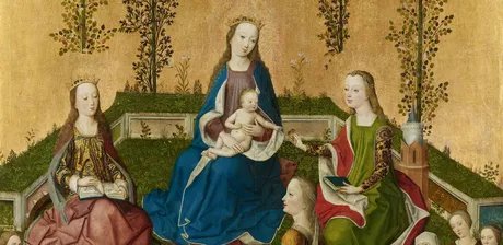 Meister des Marienlebens, Madonna mit Heiligen in der Rosenlaube (Detail), um 1470
