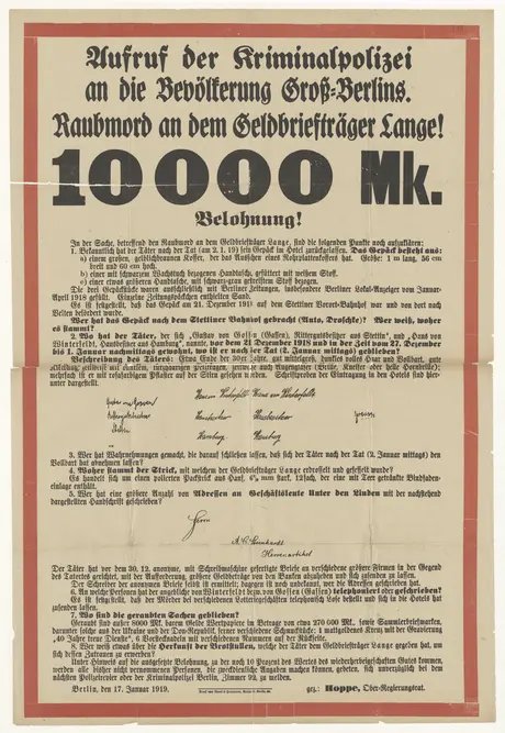 Historisches Fahndungsplakat zur Aufklärung eines Raubmordes am Geldbriefträger Lange aus dem Jahr 1919