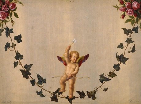 Adolf Senff: Amor auf einer zwischen Rosenbouquets hängenden Efeuranke, 1823