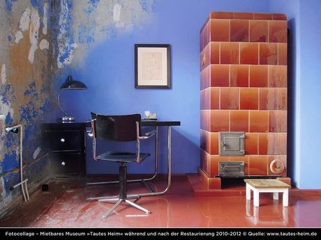 Mietbares Museum "TAUTES HEIM", Collage während und nach der Restaurierung