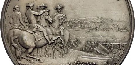 HOSTIBUS PRIMO FUGATIS // BOSTONIUM RECUPERATUM XVII MARTII MDCCLXXVI. Washington zu Pferde links mit vier weiteren berittenen Offizieren. Vorne rechts am Boden zwei Kanonenrohre mit Kugeln, auf dem vorderen die Signatur DUVIV., und im Mittelgrund...