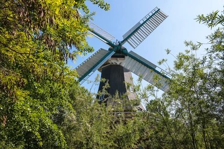 Die Holländermühle besteht aus einem festen Fundament und einer beweglichen Kappe. Bei einer Veränderung der Windrichtung, lassen sich Kappe und Flügel zurück in den Wind drehen.