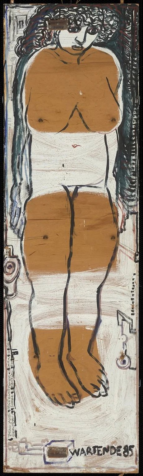 Annemirl Bauer, Wartende (Frau auf weggeworfener Schranktür / Gefunden auf dem Berge Prenzlau), 1985, Mischtechnik auf Holz, 139,5 × 41 cm