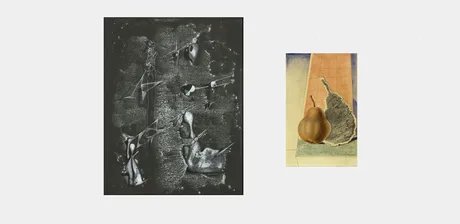 Yves Tanguy, Ohne Titel, 1946, Gouache auf schwarzem Papier / Max Ernst, Poire (Birne), 1925, Aquarell, Bleistift, Frottage auf Papier