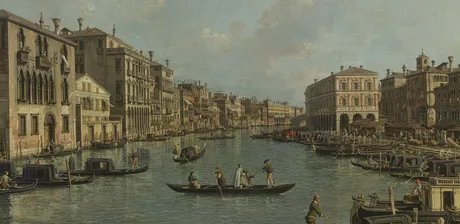 Giovanni Antonio Canal, Der Canal Grande mit Blick in südöstlicher Richtung auf die Rialtobrücke (Detail), 1758/62