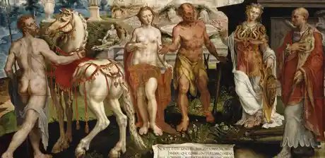 Maarten van Heemskerck, Momus tadelt die Werke der Götter, Detail, 1561, Öl auf Eichenholz