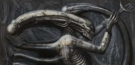 HR Giger, Necronom IV, Detail, 1976, Acryl auf Papier auf Holz