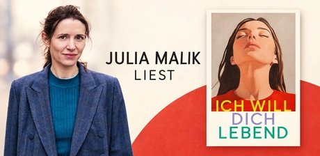 Julia Malik und das Buchcover ihres Romans „Ich will dich lebend“