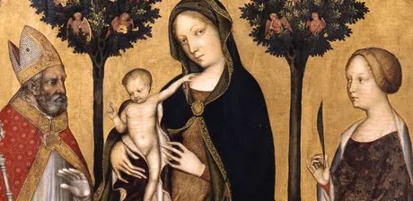 Gentile da Fabriano, Thronende Maria mit dem Kind, dem heiligen Nikolaus von Bari, der heiligen Katharina von Alexandrien und einem Stifter (Detail), um 1400/10