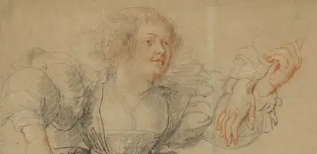 Peter Paul Rubens, Figurenstudie zum Liebesgarten, Detail, um 1631/32, schwarze Kreide, Rötel, mit weißer Kreide gehöht
