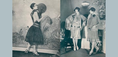 Modelle von Olga de Bayer in ihrem Salon mit Wandmalereien von Emil Orlik (Elegante Welt, 1926 und 1928)