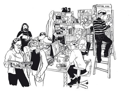 Illustration zum Redaktionsalltag aus der Ausstellung "Den Vogel zeigen. Berlins letzte Umweltzeitung"