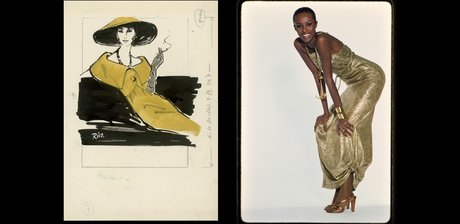 Rico Puhlmann, Bolero über schmal geschnittenem Kleid von Haller & Co., 1958, Illustration / Iman Abdulmajid mit Gold-Kleid von Mary McFadden, 1977, Farbdiapositiv