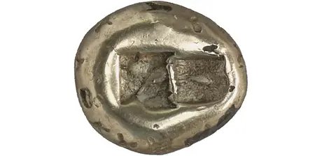 Früheste Münzen aus Sardis (Lydien, heute Westtürkei), geprägt 625–550 vor Chr., Fälschung mit Silberkern von Elektron-Legierung ummantelt