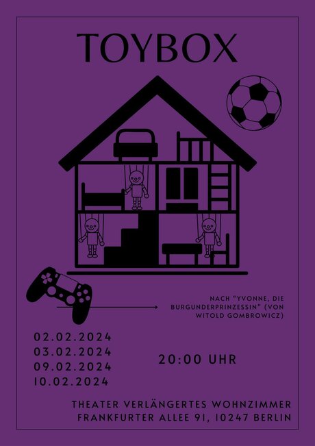 Plakat mit lilafarbenem Hintergrund. Im Vordergrund sind schmematische Darstellungen von Spielgeräten zu sehen: der Controller einer Spielekonsole, ein Fußball, ein Puppenhaus, in dem Marionetten wohnen.