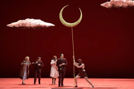 Gideon Poppe als Lysander, Samuel Dale Johnson als Demetrius, Karis Tucker als Hermia, Jeanine De Bique als HelenaBettina Stöß