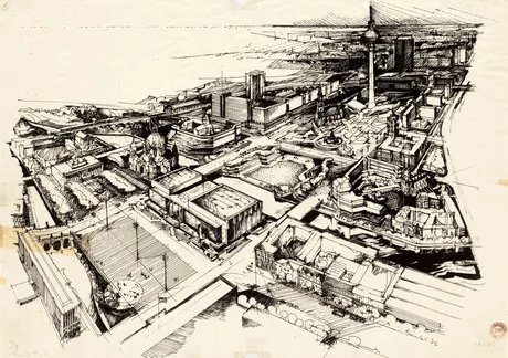 Dieter Bankert. Berlin, Stadtzentrum, Vogelschau, 1976, Tusche und Deckweiß auf Transparentpapier, 42 × 59 cm; IRS, Erkner
