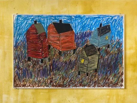 Ölpastell-Arbeit von Beverly Buchanan mit vier gezeichneten verschiedenfarbigen Häusern auf braun-blauem Hintergrund