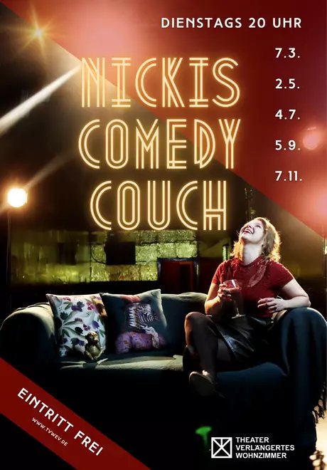 Plakat zur Veranstaltung. Im oberen Bereich der Titelschriftzug in goldleuchtenden Neonbuchstaben. Um unteren Bereich ein Sofa, auf dem die Gastgeberin Nicki mit einem Glas Rotwein in der Hand sitzt und augenscheinlich lauthals lacht.
