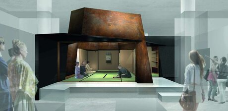 Entwurf für das Teehaus im Bereich Asien im Ausstellungsmodul zu japanischer Kunst
