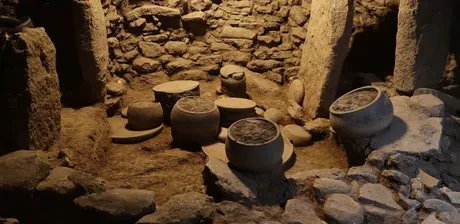 Steingefäße, Platten und Klopfsteine in Fundlage in einem Küchenbereich in Karahantepe, 9400 – 8000 v. Chr.