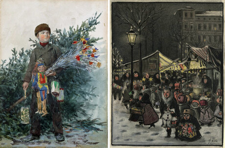 Bild links: Franz Skarbina, „Berliner Junge vom Weihnachtsmarkt“, Berlin, um 1890; Bild rechts: Heinrich Zille, „Weihnachtsmarkt am Arkonaplatz“, Berlin, um 1912