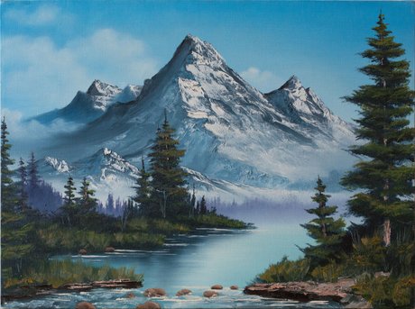 Ull Hohn, Untitled, 1993. Öl auf Leinwand, 45,5 x 61 cm: Berglandschaft hinter einem Fluss