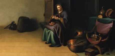 Gerard Dou, Interieur mit Äpfel schälender Frau (Detail), um 1630