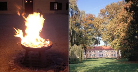 Feuerschale und Außenansicht von Schloss Paretz