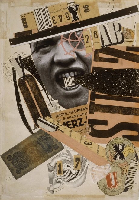 Collage by Raoul Hausmann featuring various pictorial elements in muted, yellowish colours.