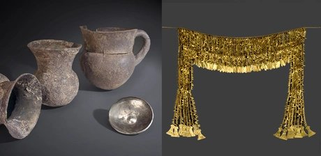 Links: Silbergefäße aus dem „Schatz des Priamos“, Troja, um 2500 v. Chr. Rechts: Großes Diadem aus dem „Schatz des Priamos“ (Nachbildung)