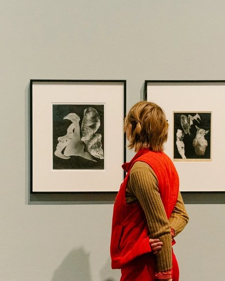 Eine besuchende Person steht vor zwei gerahmten schwarz-weiß Collagen von Raoul Hausmann.