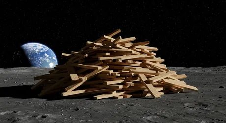 Auf der Oberfläche des Mondes liegt ein Haufen Holzbretter. Im Hintergrund die Erde.