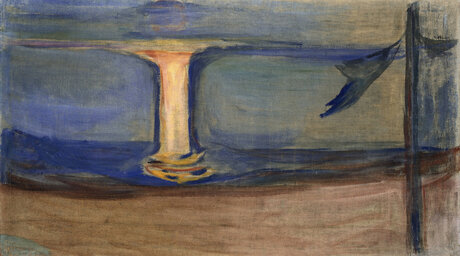 Gemälde: In ausdrucksvollen Pinselstrichen in braun, dunkelblau und einem hellen gelb-orange ist ein heller Mondschein, der sich auf dunklem Wasser spiegelt angedeutet.