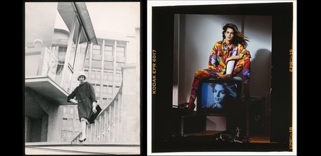 Rico Puhlmann, Roter Mantel von Lindenstaedt & Brettschneider, Kurfürstendamm (West-Berlin) 1961 / Cindy Crawford mit Seidenhemd und Leggins von Gianni Versace, 1991, Farbdiapositiv