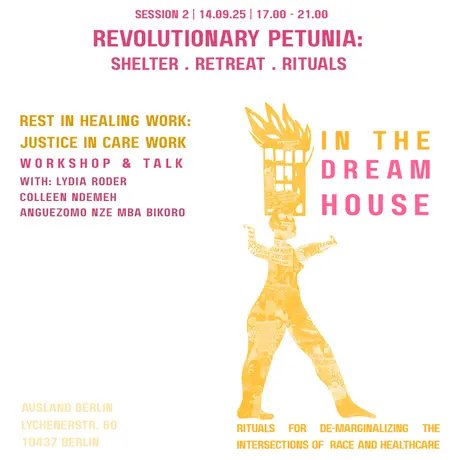 Flyer of the event with the same information as written on the website in yellow and red. Additionally there is a figure in profile, her arms are raised, she is carrying a prison window on her head, there are flames coming out of the window, the whol