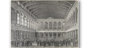 Stich von der Versammlung der Kaufläeute im dritten Berliner Börsenbau an der Burgstraße, um 1880 - vorn in der Mitte: Alexander Mendelssoh