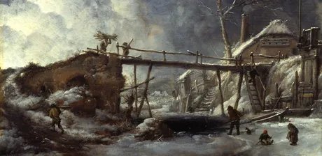 Philips Wouwerman, Winterlandschaft mit Holzsteg (Detail), um 1660