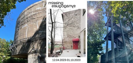 3 Fotos: Informationsort Schwerbelastungskörper, Ankündigungsplakat der Sonderausstellung "Missing Synagogues" und 'Aussichtsplattform