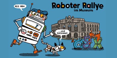 Ein Comic-Bild zeigt die beiden Roboter:innen MR4 und Katzomat, im Hintergrund vier bunte Buchstaben und das gezeichnete Museumsgebäude.